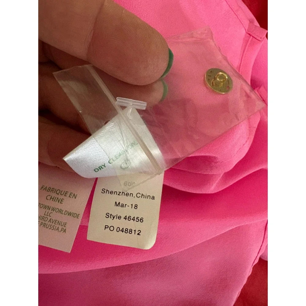 Lilly Pulitzer Elsa Top Neon Pink Silk Smocked V-Neck Blouse Tunic Womens Large - Picture 7 of 7